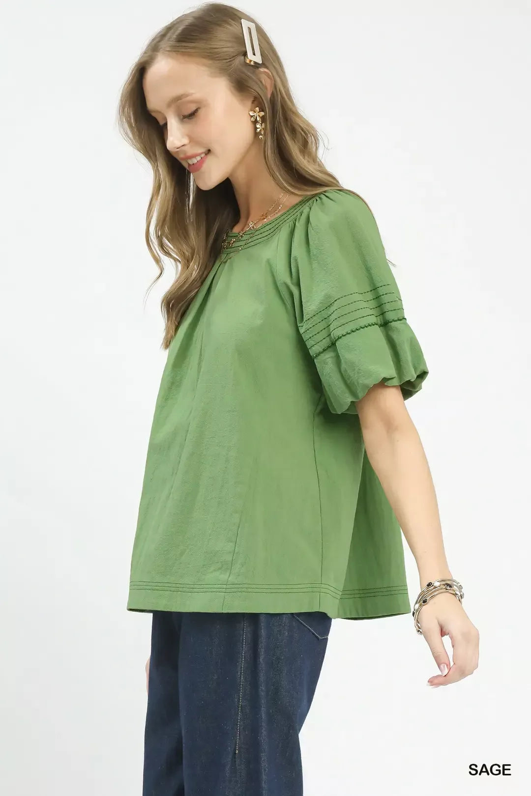 Umgee Sage Round Neck Puff Sleeve Top with Contrast Stitch Detail