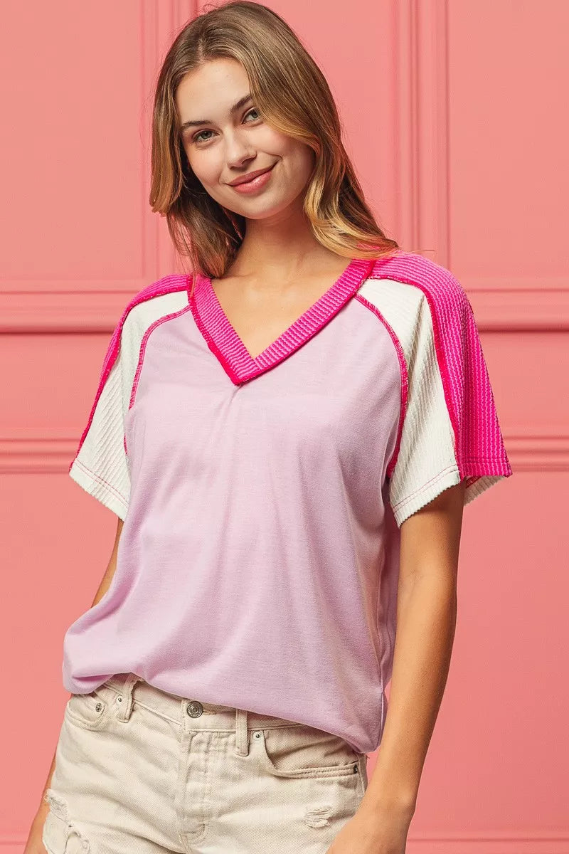 BiBi Pink & Fuchsia Cord Rib Combo V Neck Jersey Knit Top