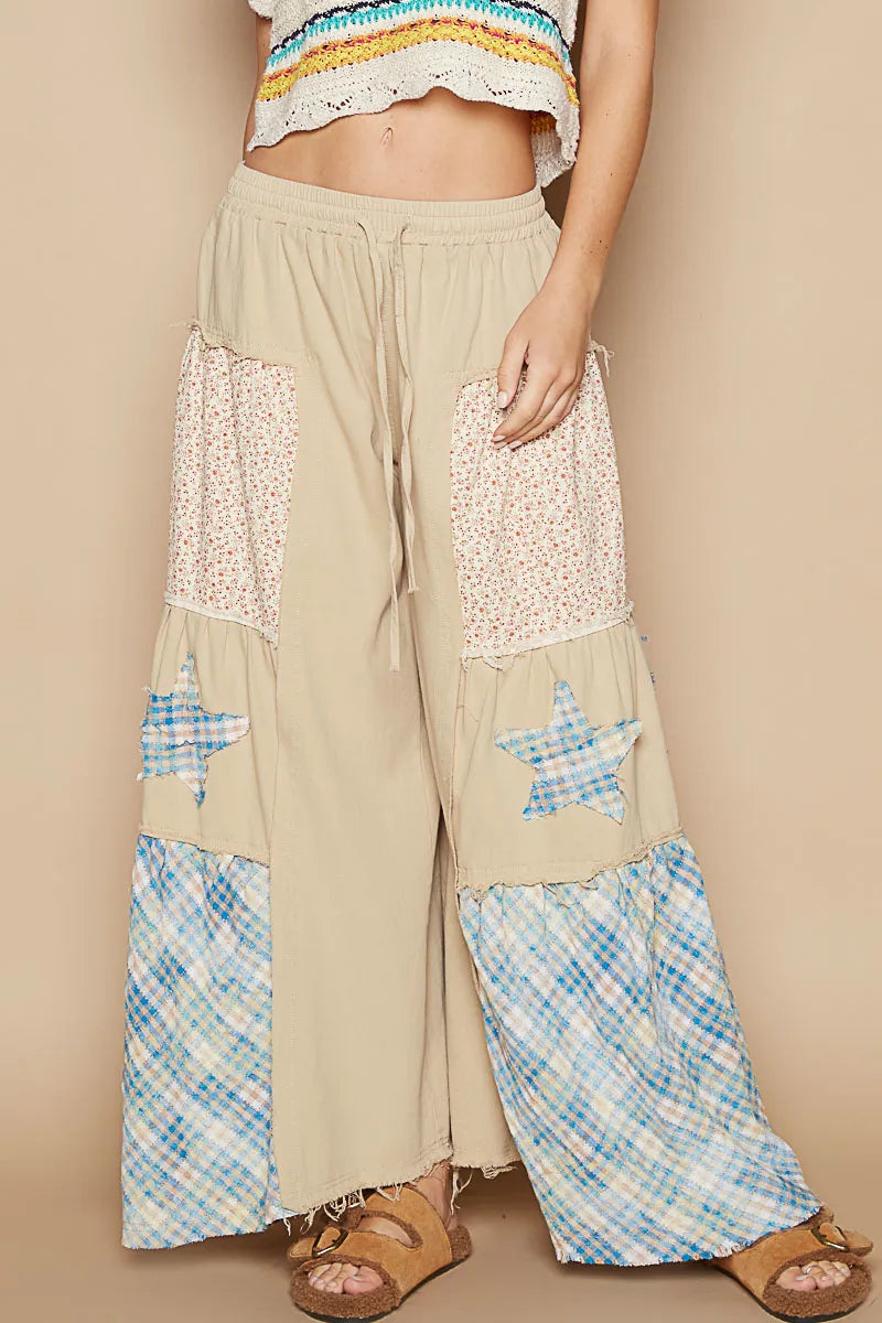 POL Drawstring Star Patch Contrast Wide Leg Pants Beige