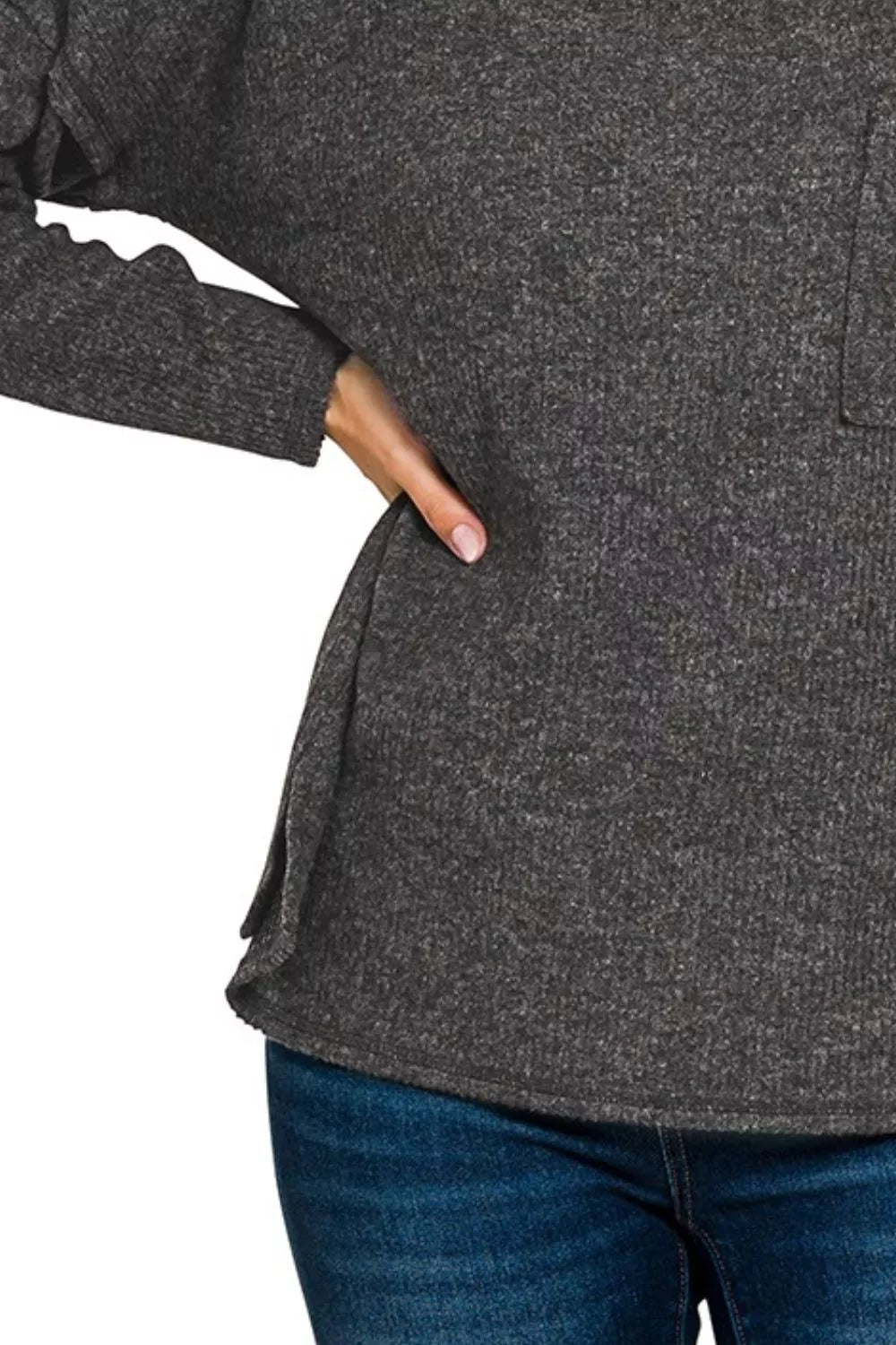 Zenana Black Ribbed Brushed Melange Hacci Sweater with Chest Pocket