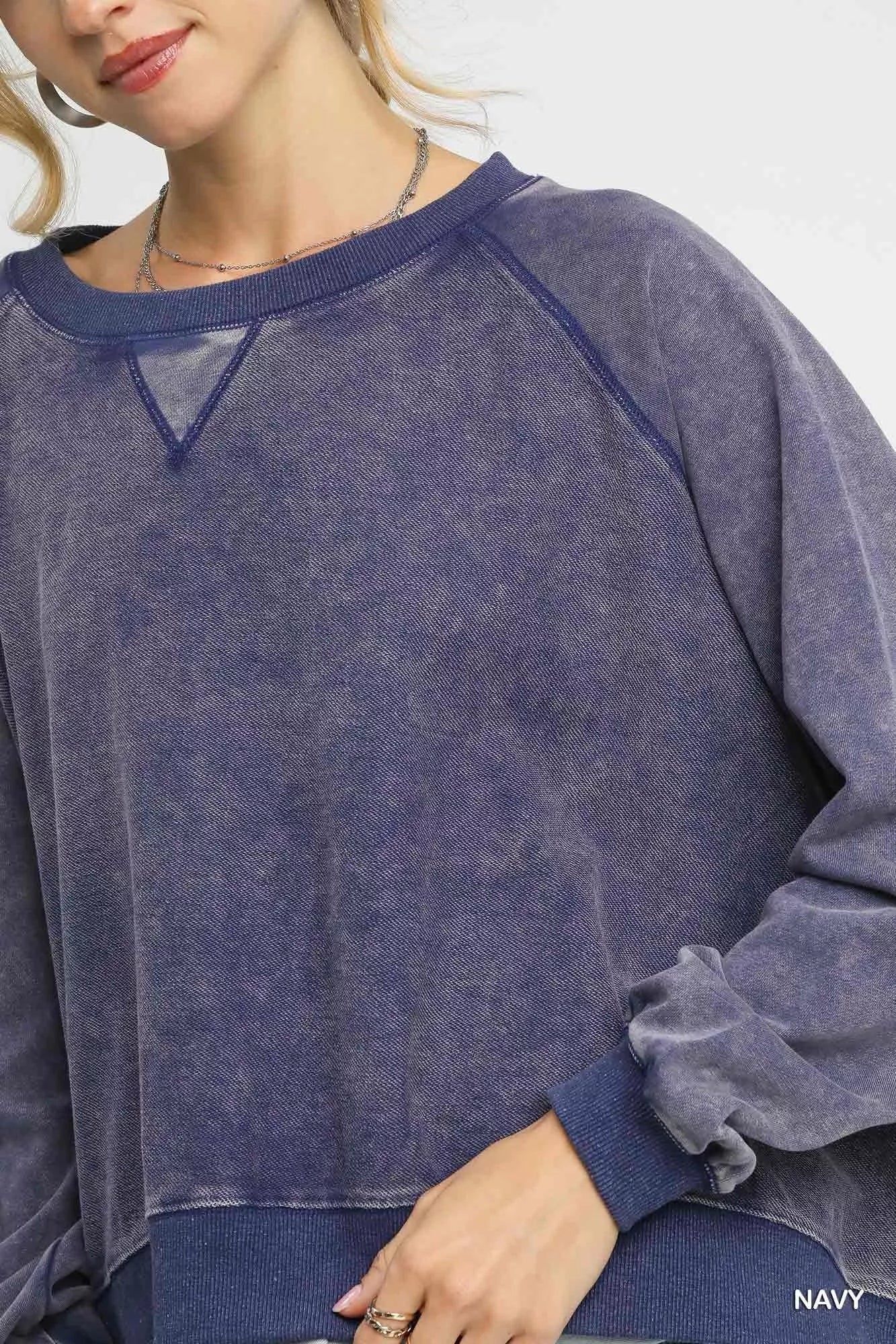 Umgee Navy Mineral Wash French Terry Sweatshirt