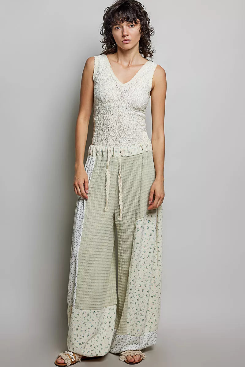 POL Sage Patchwork Mixed Knit Wide Leg Pants