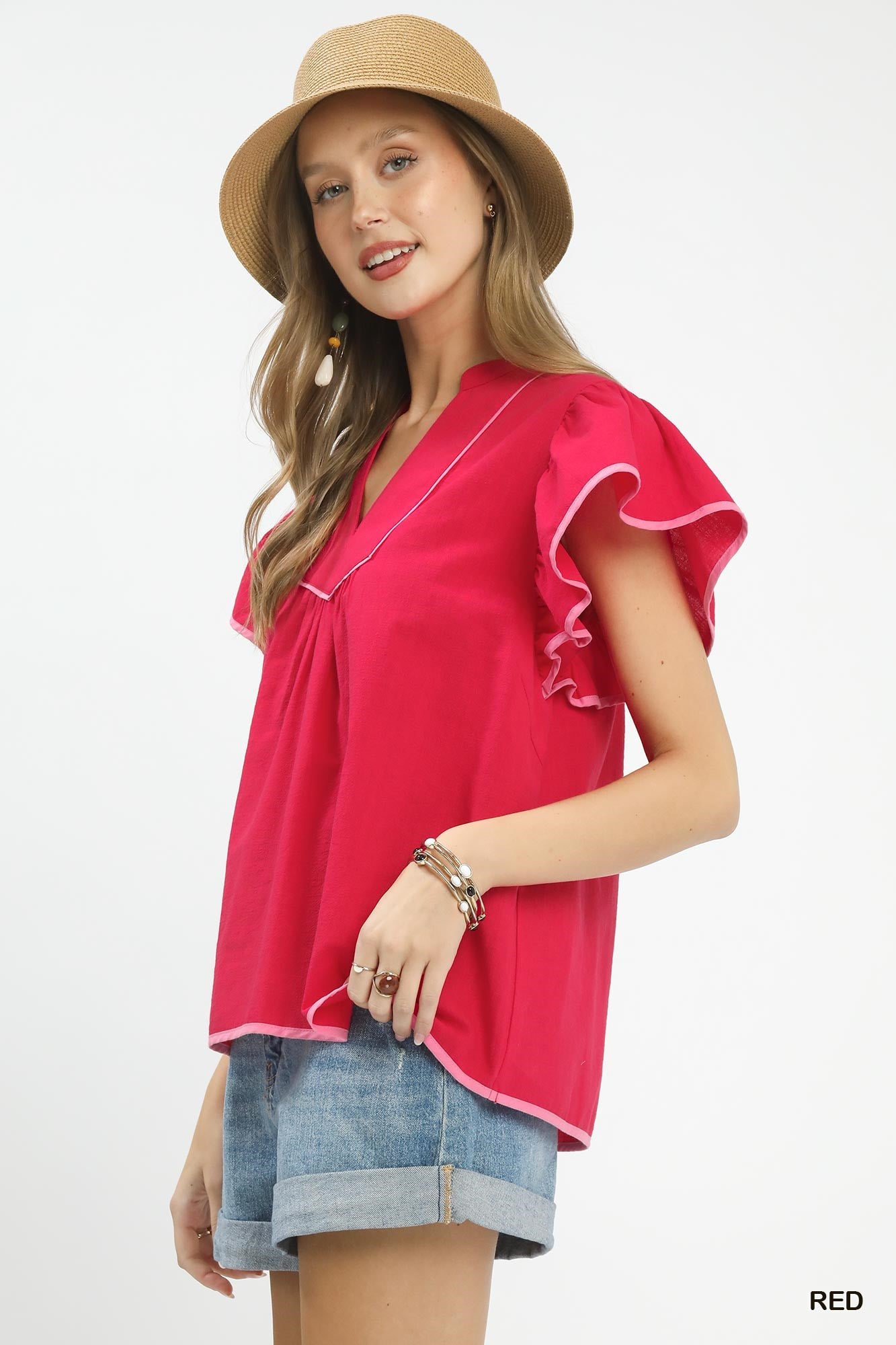 Umgee Red Contrast Trim Babydoll Blouse