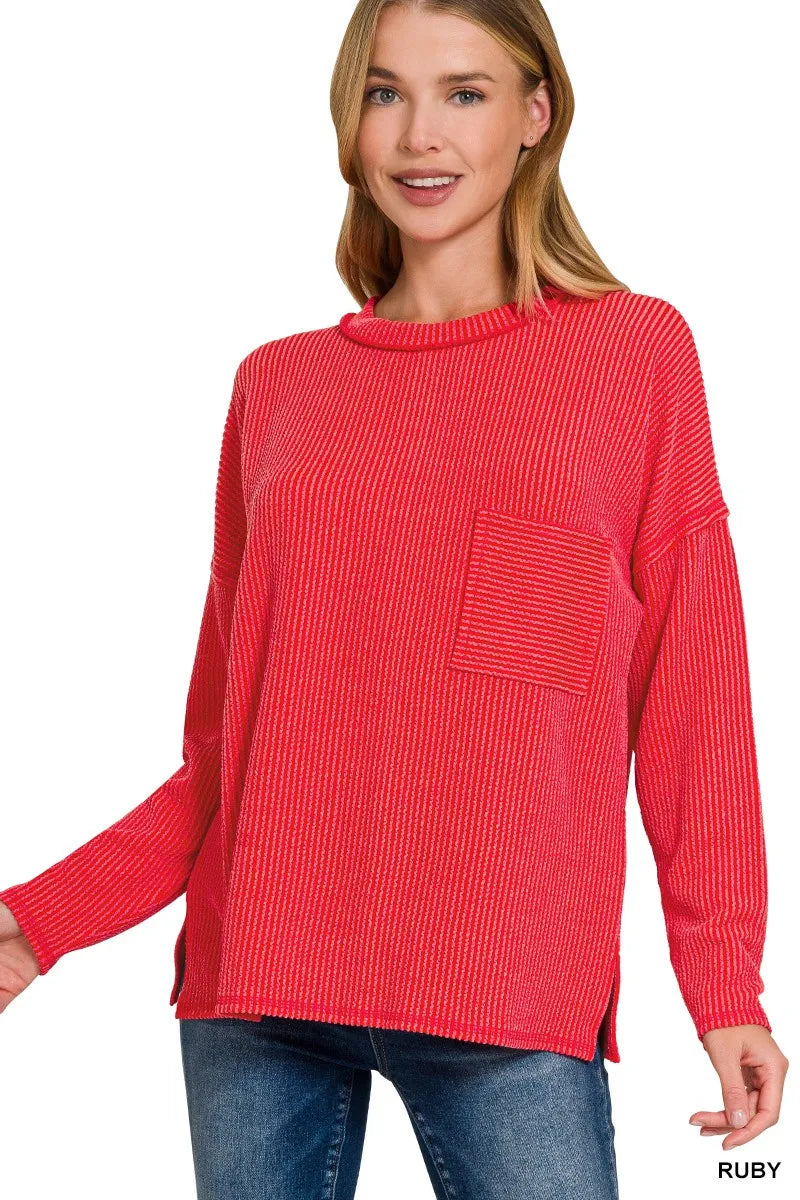 Zenana Ruby Long Sleeve Drop Shoulder Rib Top RUBY