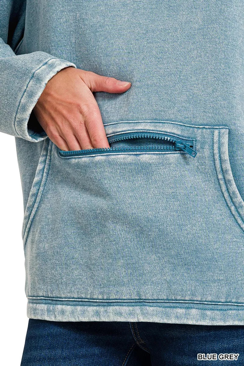 Zenana Blue Grey Fleece Washed High Neck Kangaroo Pocket Sweatshirt