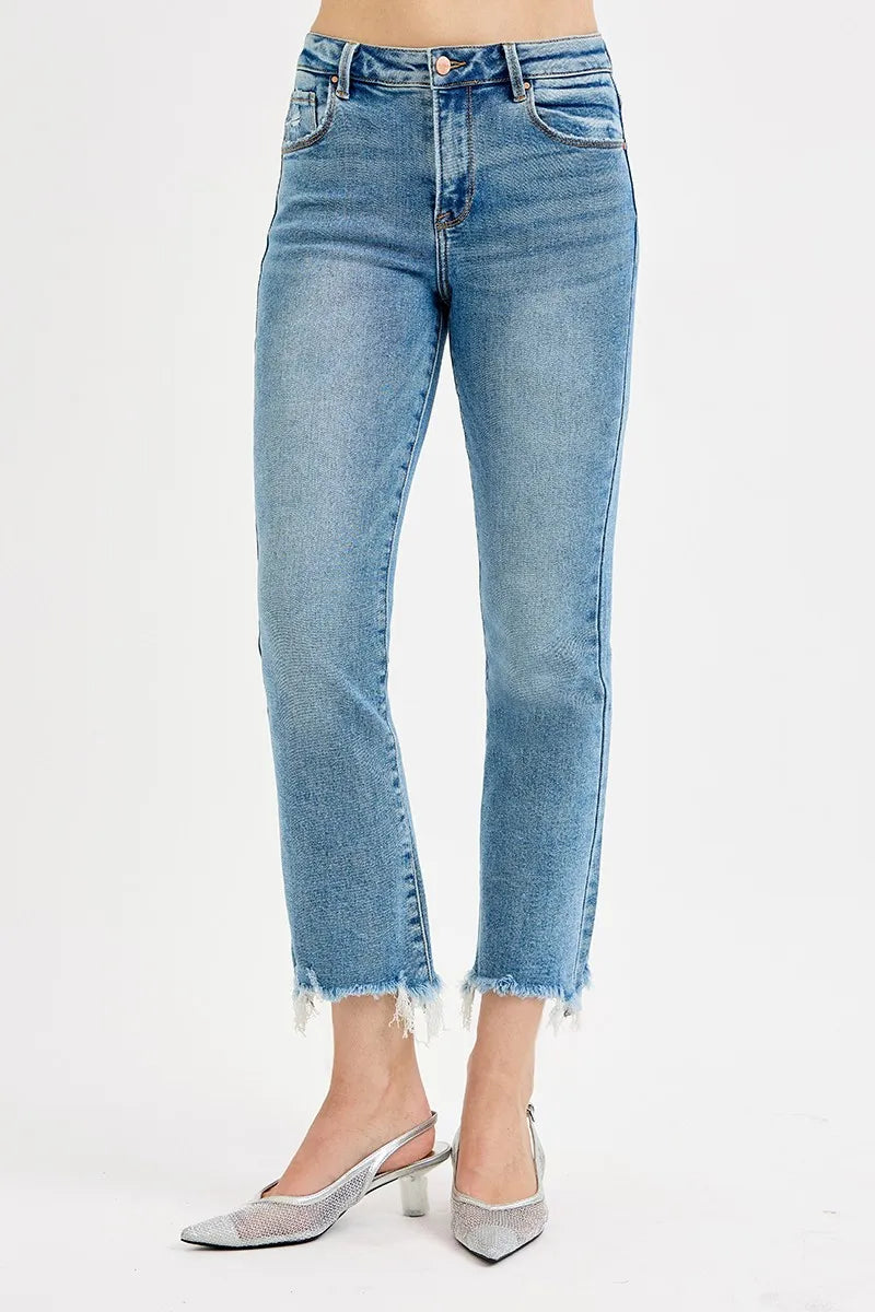 RISEN Medium Washed High Rise Frayed Hem Crop Straight Slim Jeans