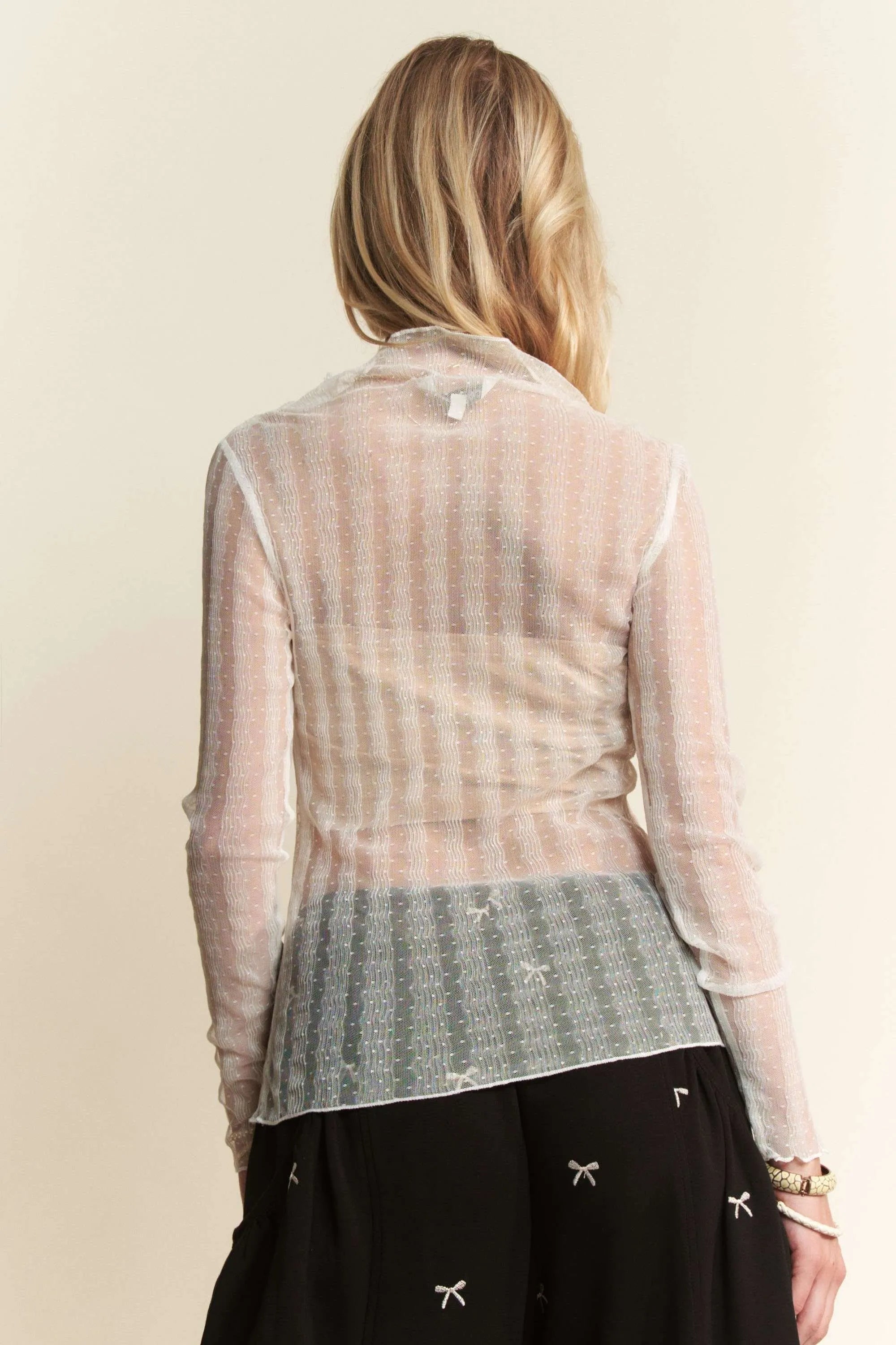 Davi & Dani White Turtle Neck Lace Dotted Stretch Mesh Sheer Top