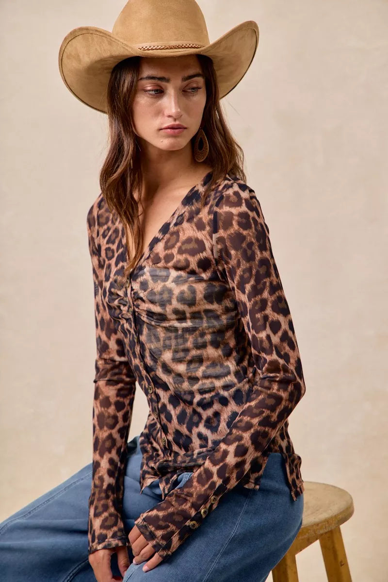 BiBi Leopard Printed Mesh Shirt With Button Up V Neck