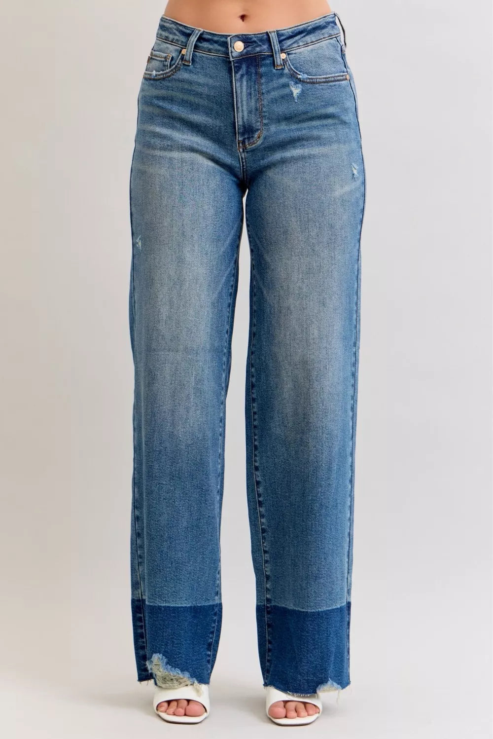 Judy Blue Dark Washed Raw Hem High Waist Column Straight Jeans