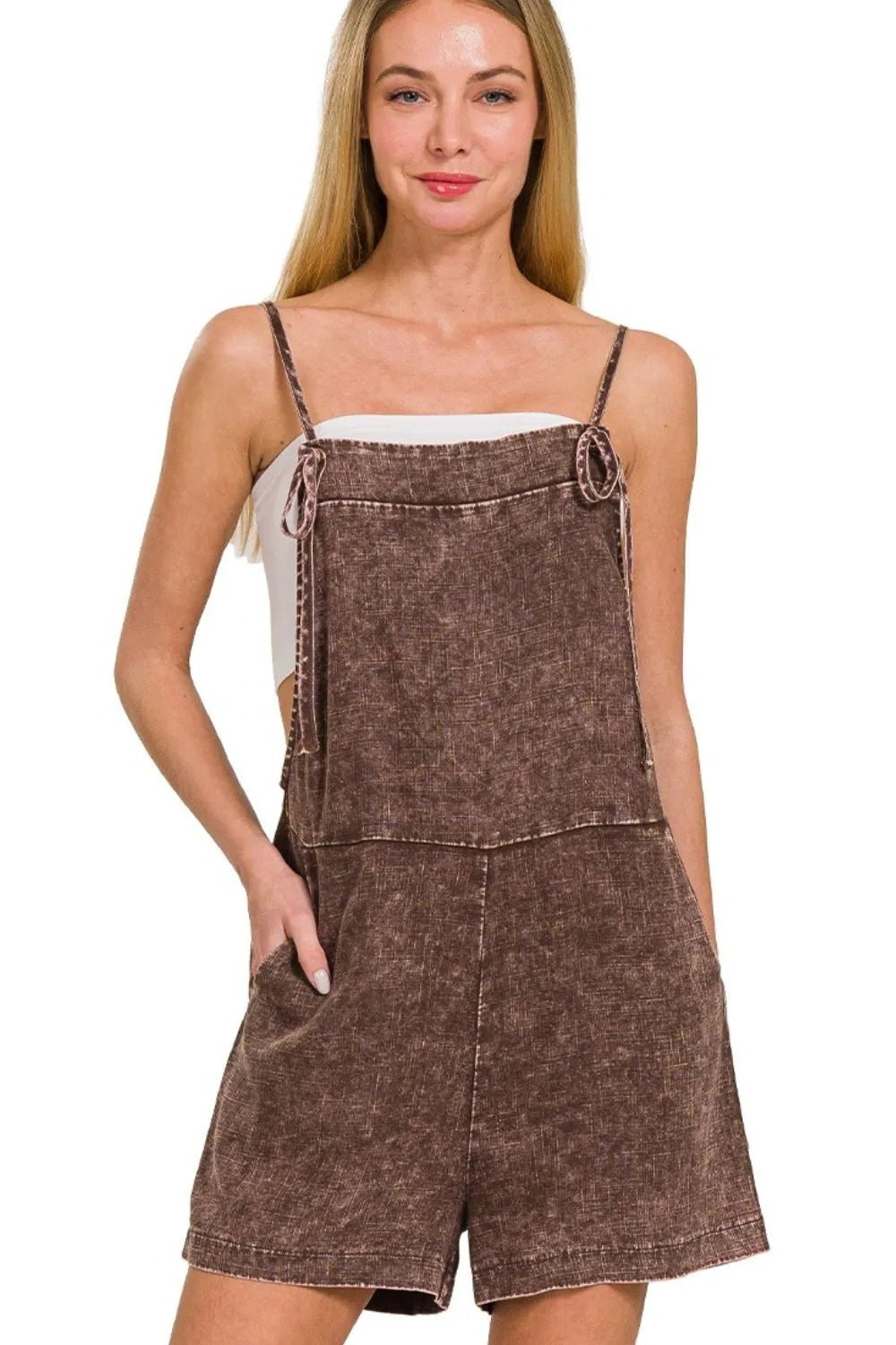 Zenana Brown Washed Linen Knot Strap Romper BROWN