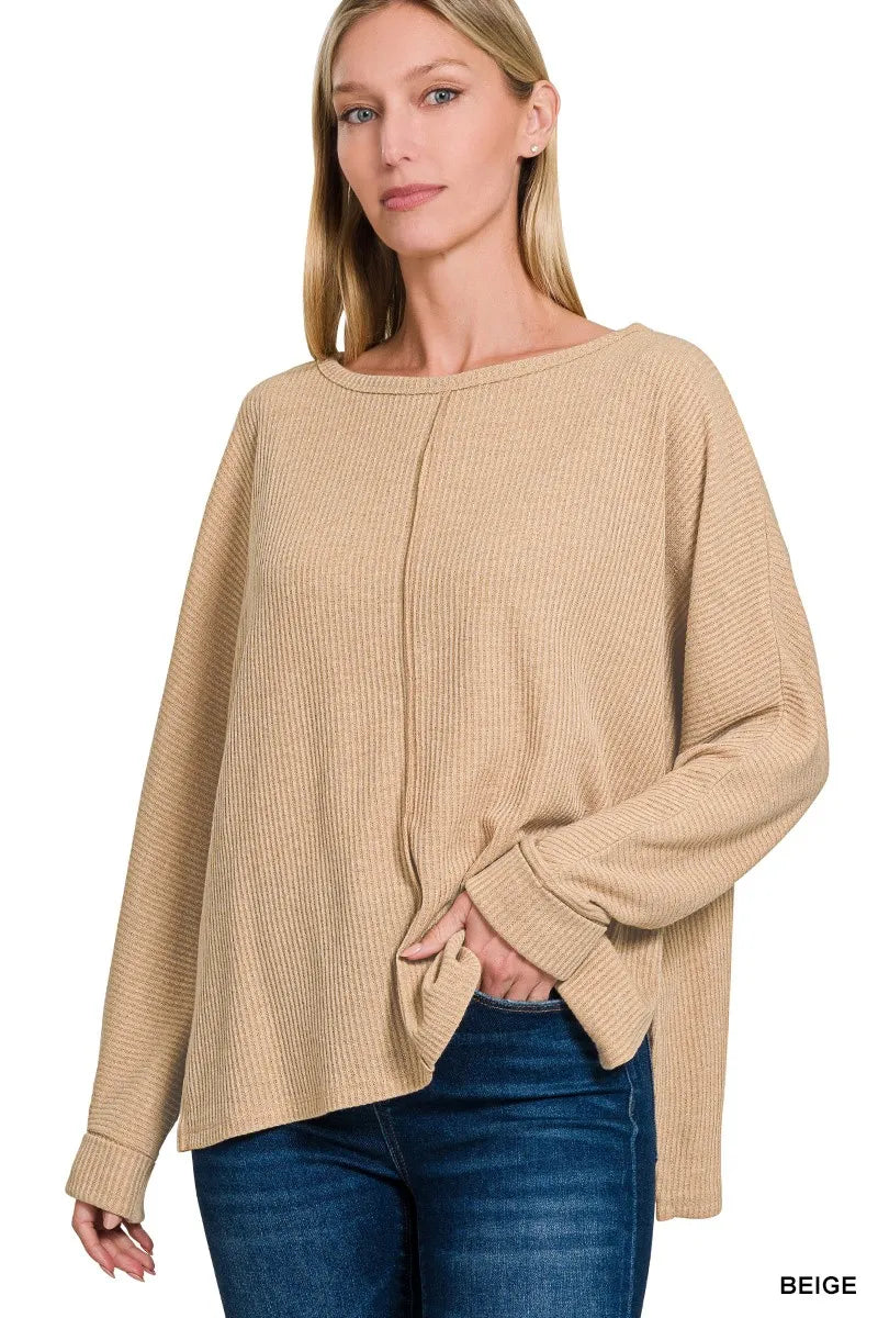 Zenana Beige Ribbed Center Seam Dolman Sleeve Hi Low Sweater BEIGE