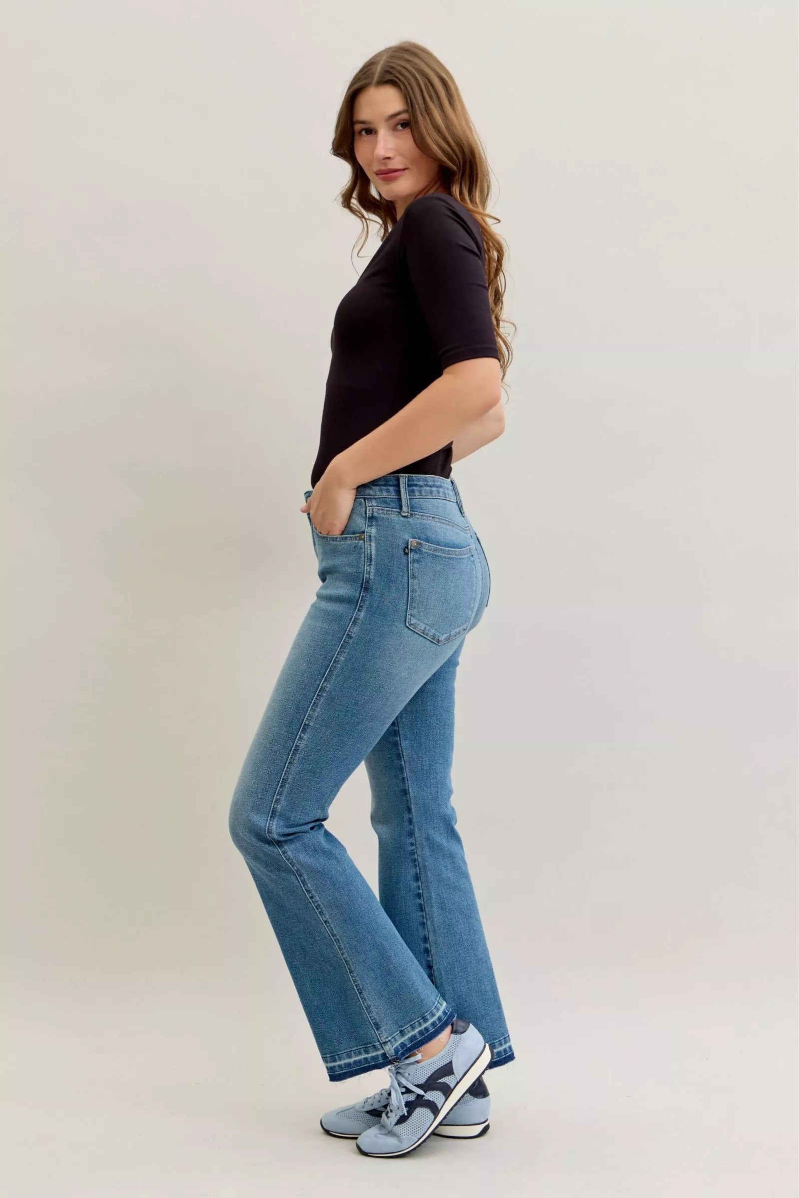 Judy Blue Medium Wash Mid Rise Slim Bootcut Tummy Control Release Hem Jeans