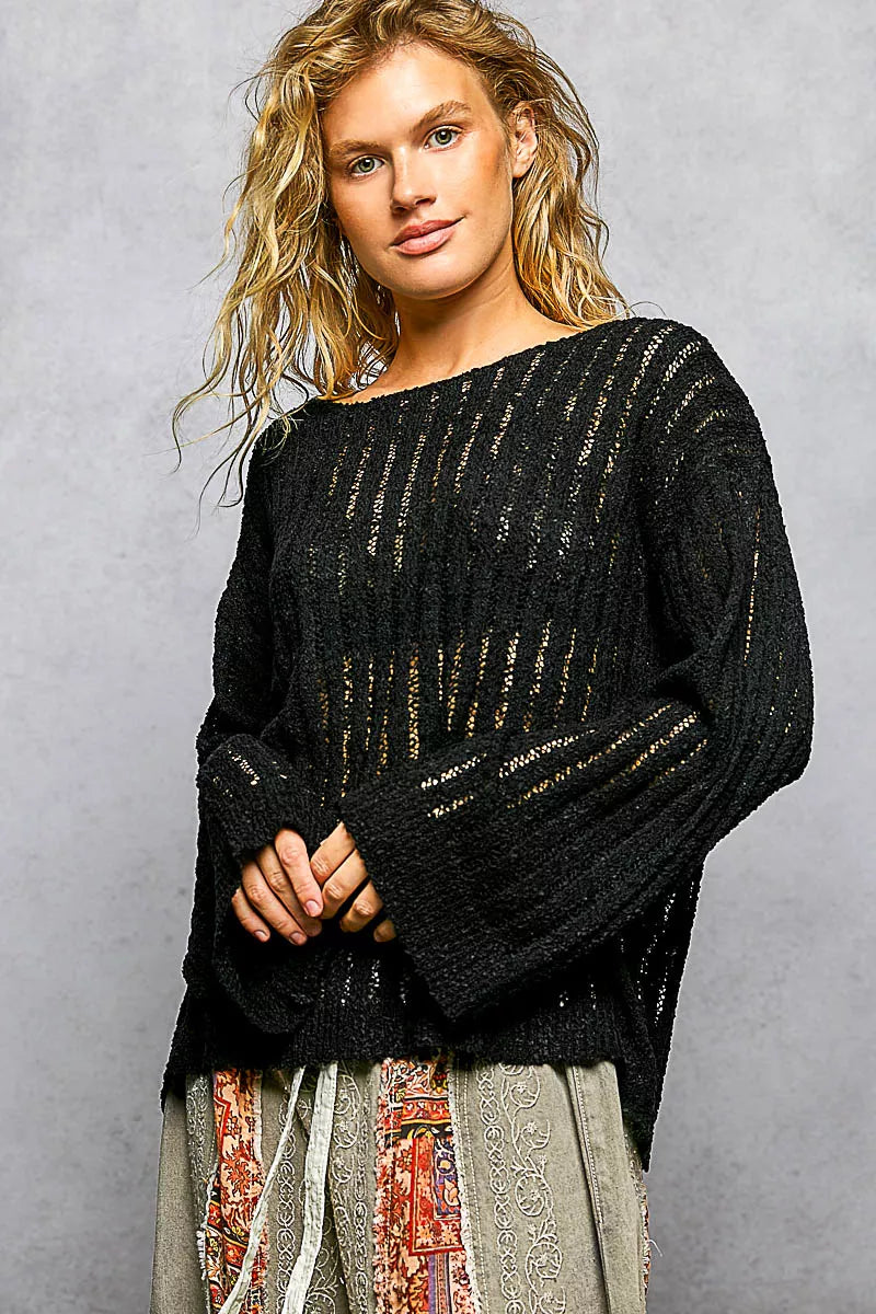 POL Black Round Neck Long Sleeve Open Weave Sweater