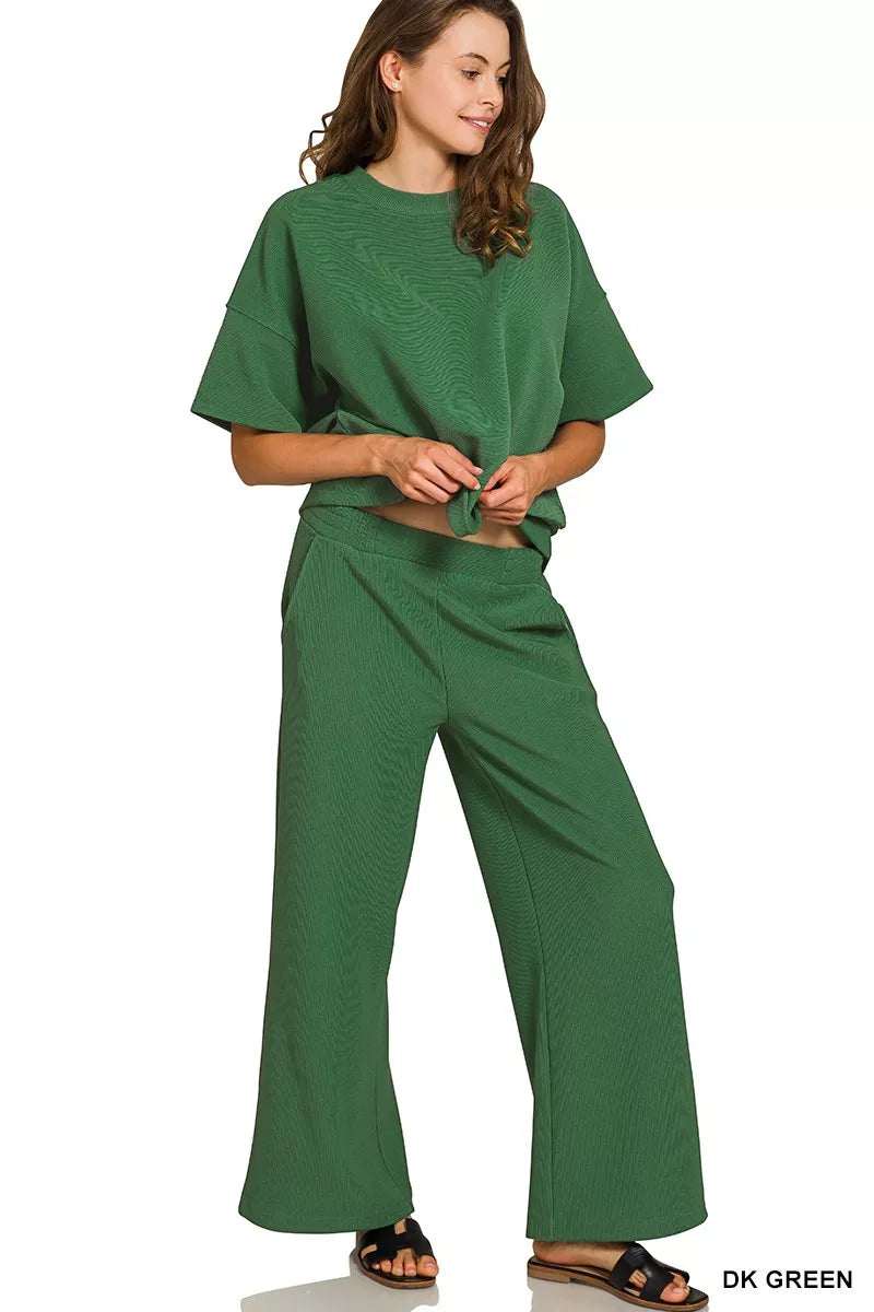 Zenana Dark Green Ribbed Round Neck Short Sleeve Tee & Pants Set