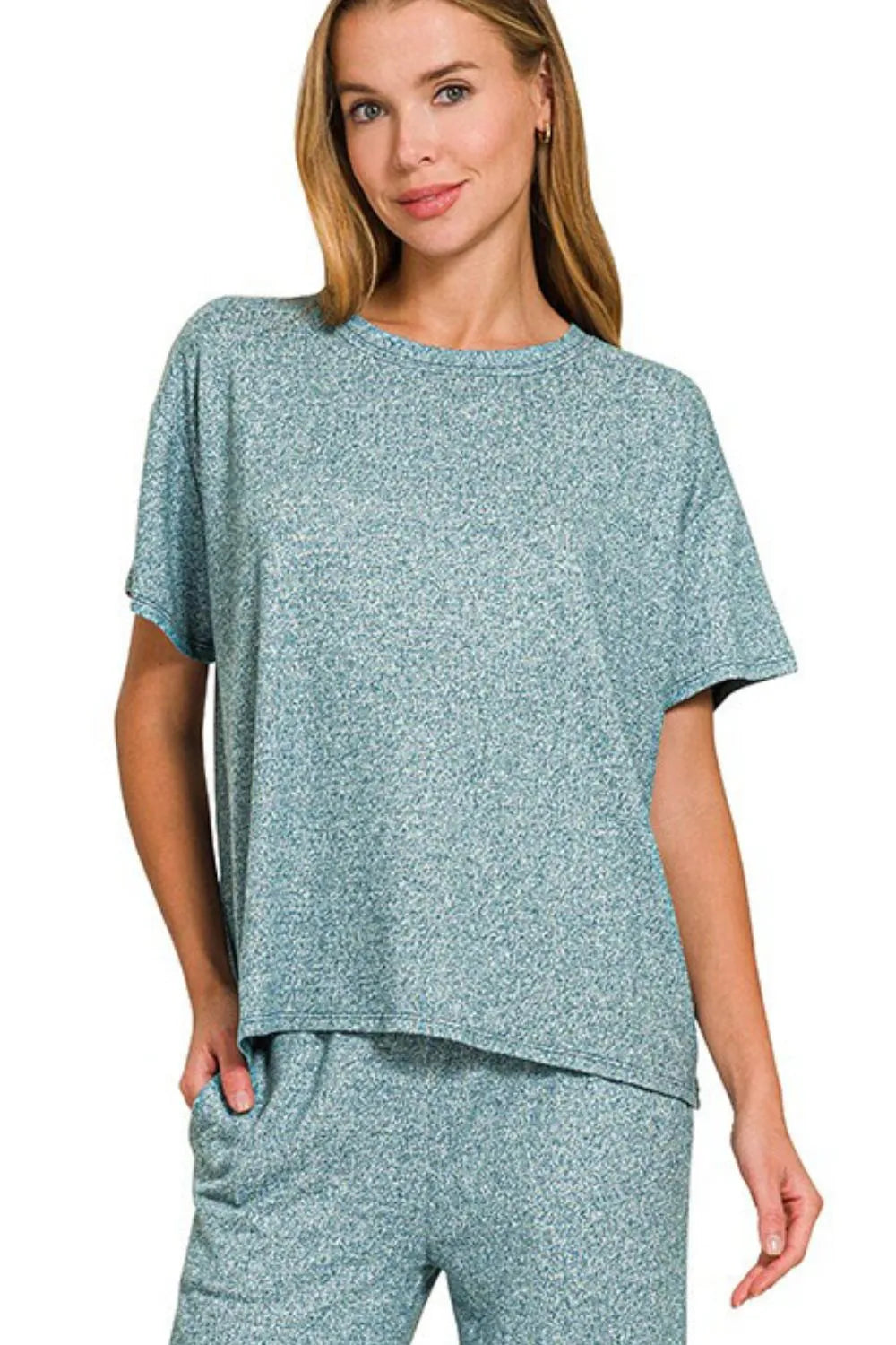 Zenana Teal Soft Melange Short Sleeve Tee & Long Pants Set