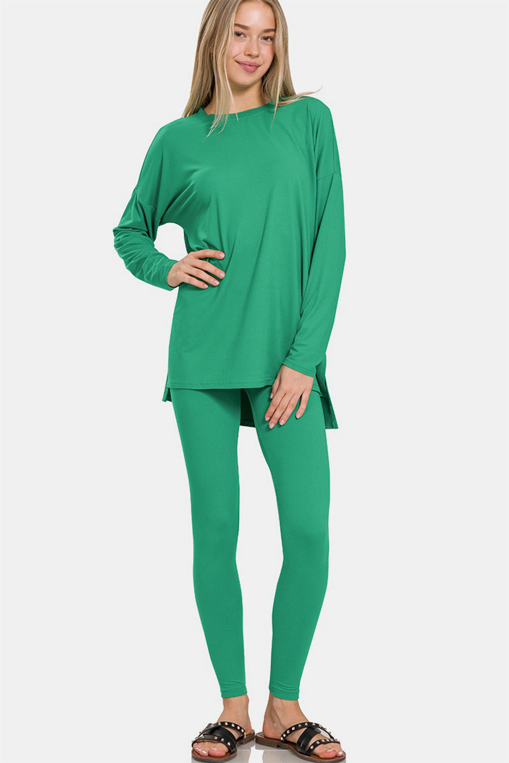Zenana Kelly Green Brushed Microfiber Long Sleeve Top and Leggings Lounge Set K Green Loungewear