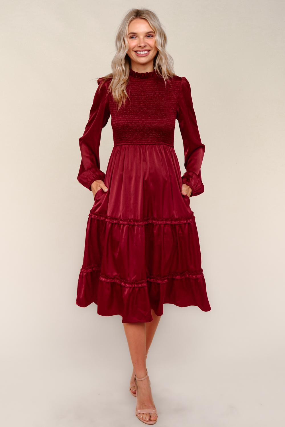 Haptics Burgundy Tiered Solid Frilled Mock Neck Satin Dress