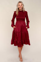 Haptics Burgundy Tiered Solid Frilled Mock Neck Satin Dress