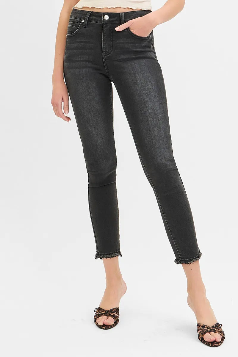 RISEN Black Washed Tummy Control Mid Rise Crop Skinny Jeans BLACK