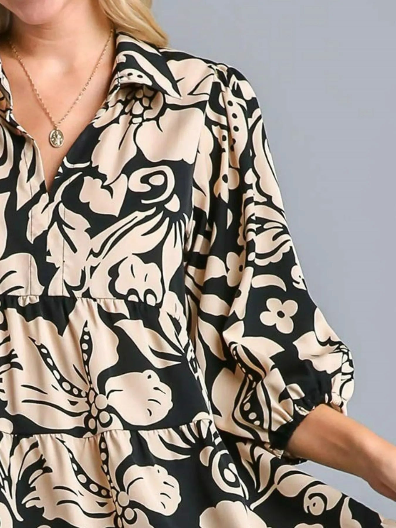 Umgee Black Mix Floral Print Tiered Midi Dress