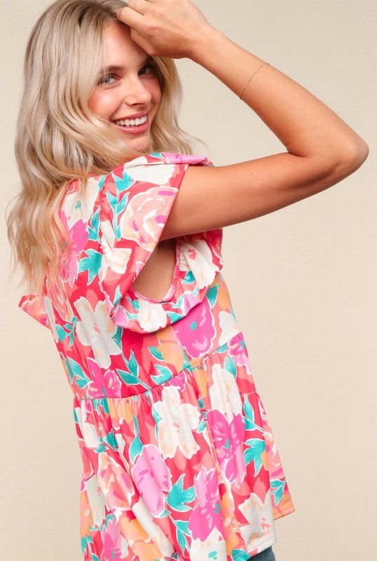 Haptics Coral Floral Print Folded Short Sleeve Babydoll Top