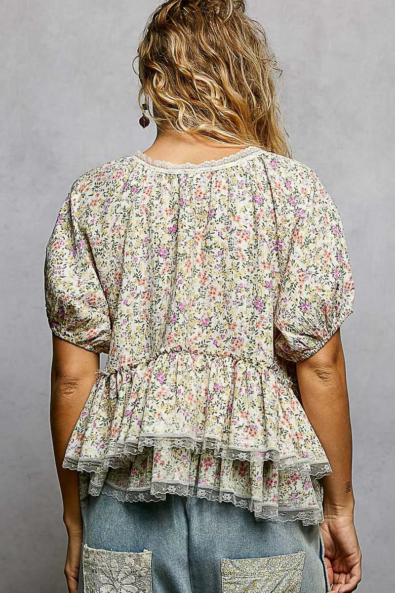 POL Floral Short Balloon Sleeve Ruffled Blouse