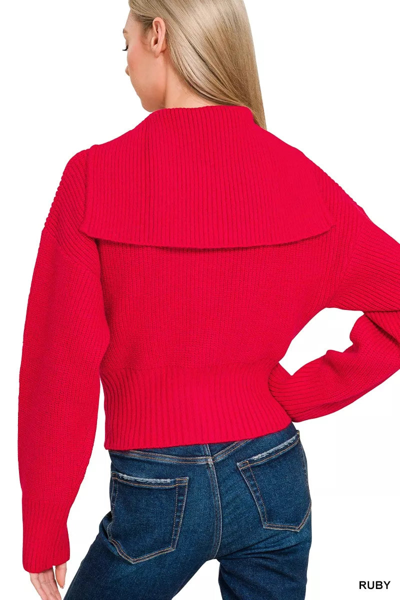 Zenana Ruby Ribbed Collared Zip Up Sweater Cardigan
