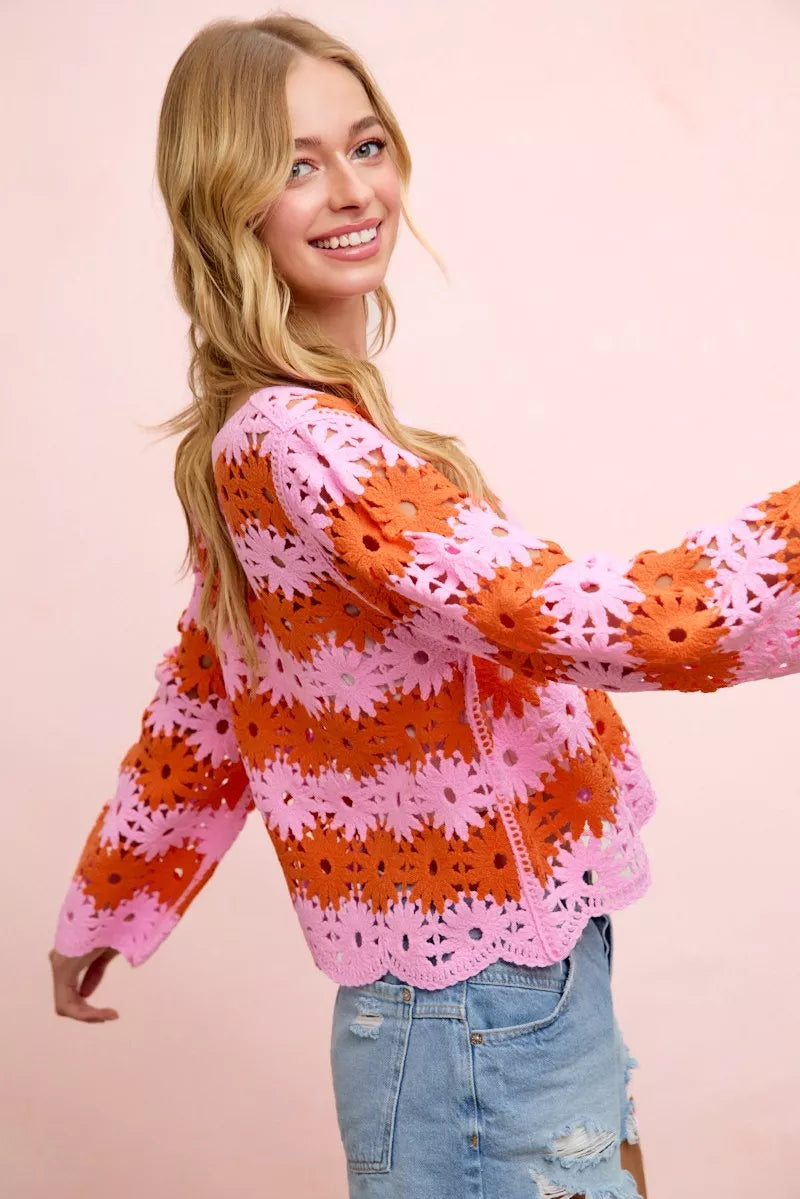 BiBi Pink Flower Crochet Knit Top