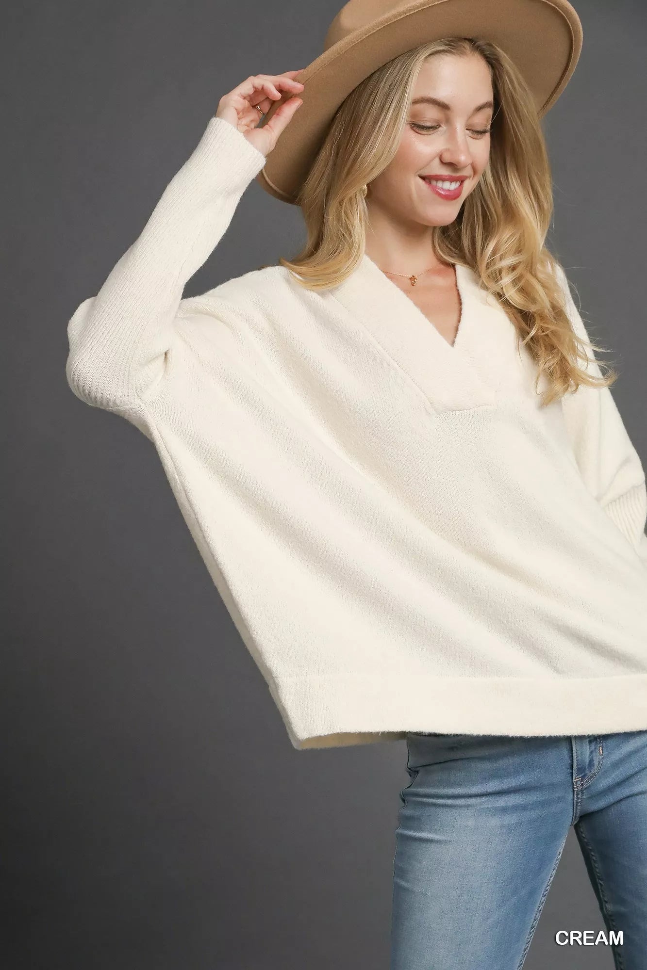 Umgee Cream V-Neck Sweater with Wide Trim Detail Cream