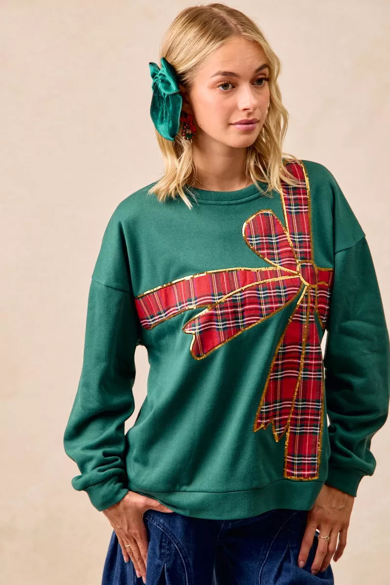 BiBi Plaid Ribbon Bow Detail Christmas Fleece Pullover – Green/Red Plaid
