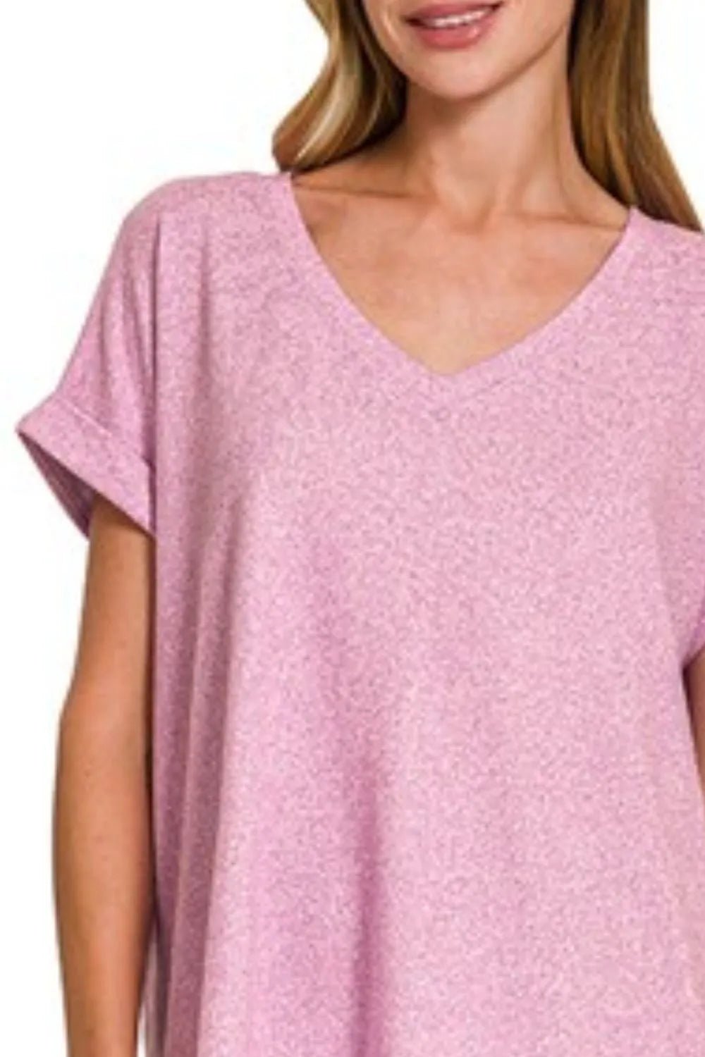 Zenana Bright Mauve Soft Melange Hacci V-neck Tee