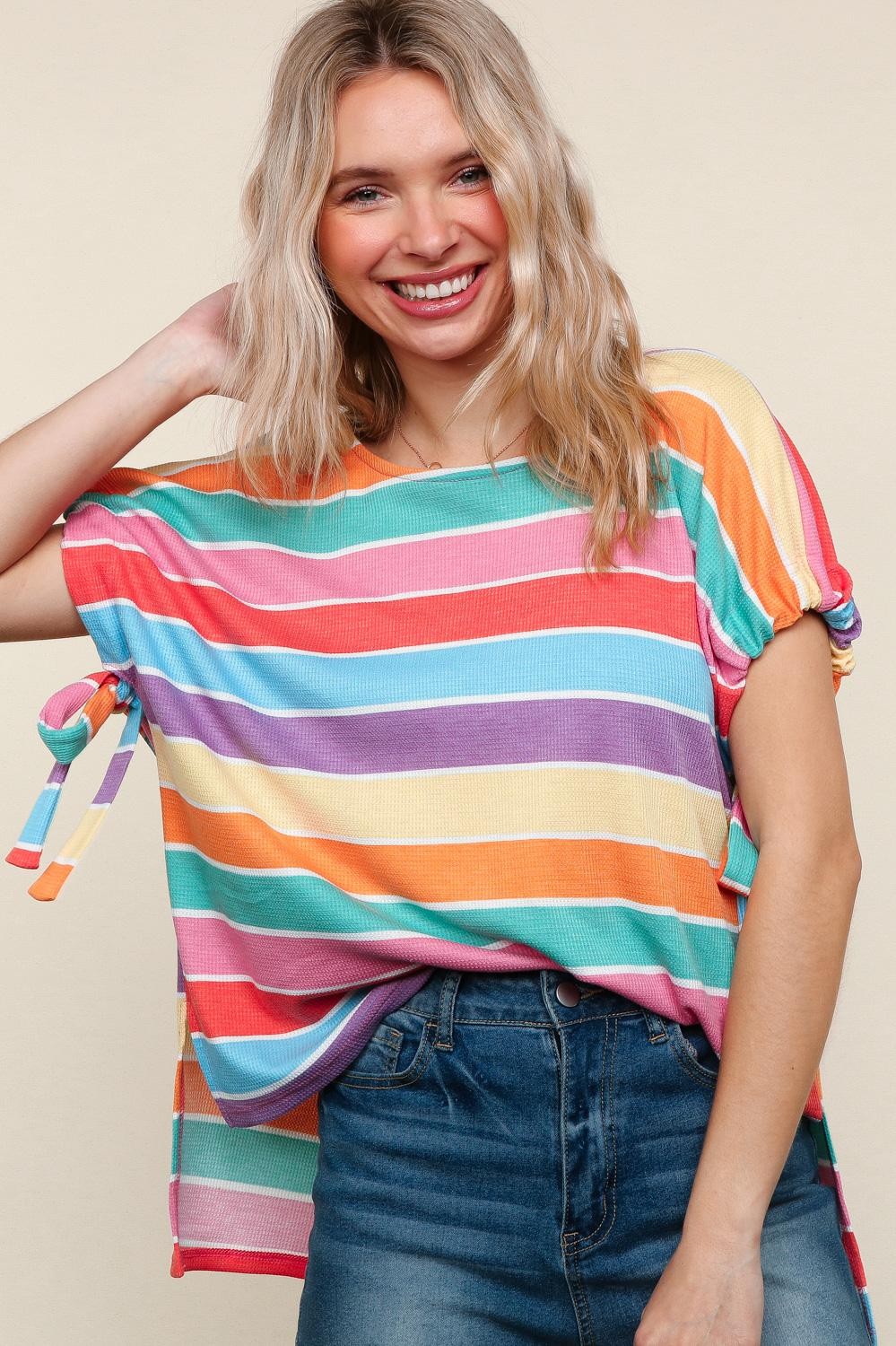 Haptics Multicolor Stripe Dolman Bow Tie Sleeve Top