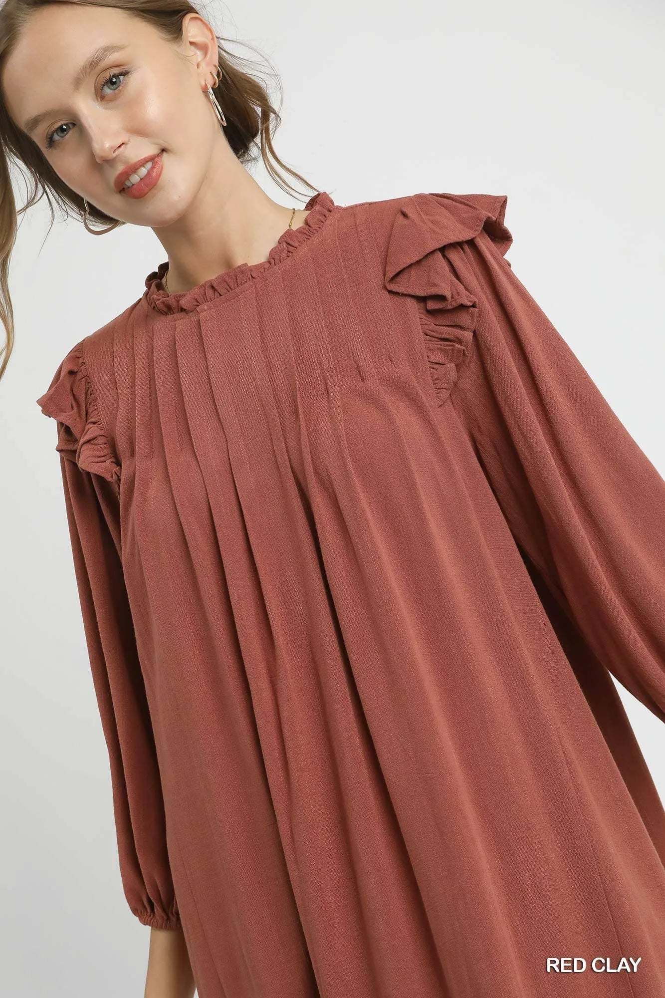 Umgee Red Clay Linen Ruffle Shoulder Pleated Babydoll Dress