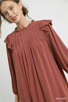 Umgee Red Clay Linen Ruffle Shoulder Pleated Babydoll Dress