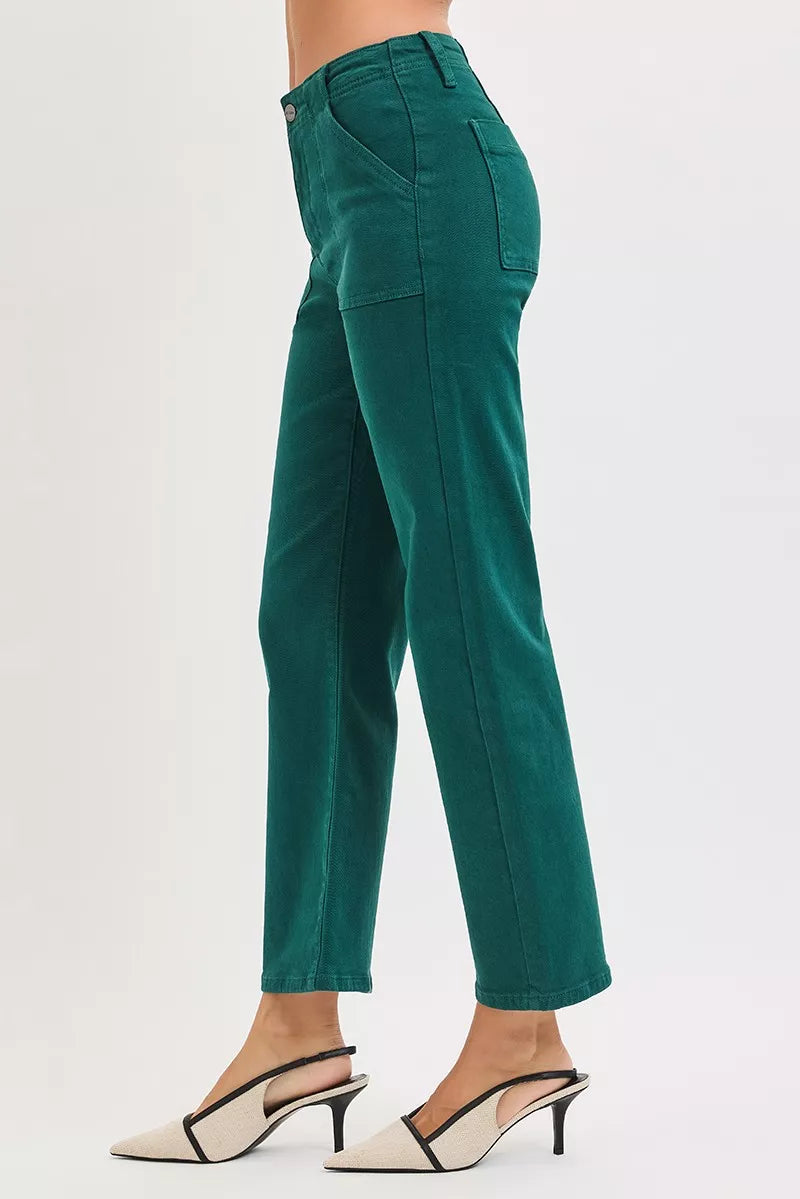 RISEN Hunter Green High Rise Ankle Flare Patch Pocket Jeans