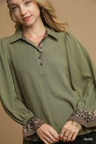 Umgee Olive Half Button Blouse with Leopard Print Trim