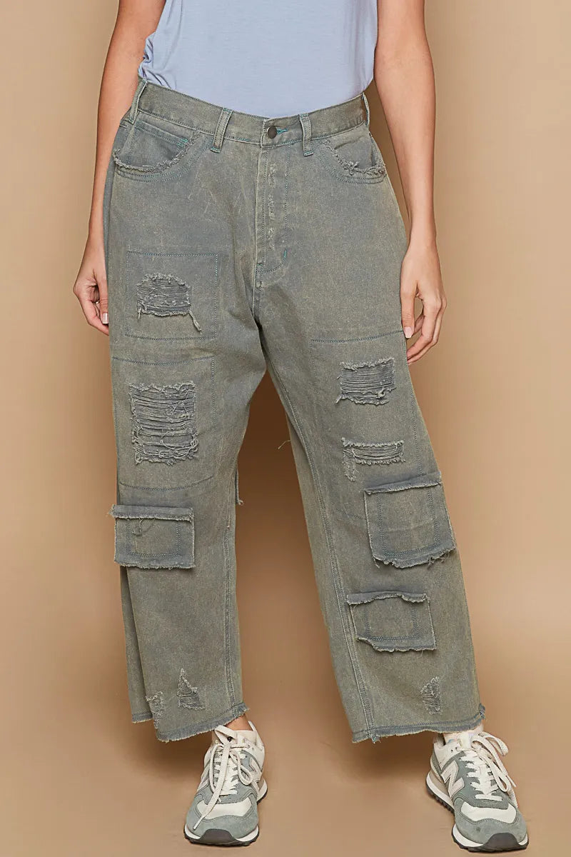 POL French Blue Distressed Raw Hem Wide Leg Pants French Blue