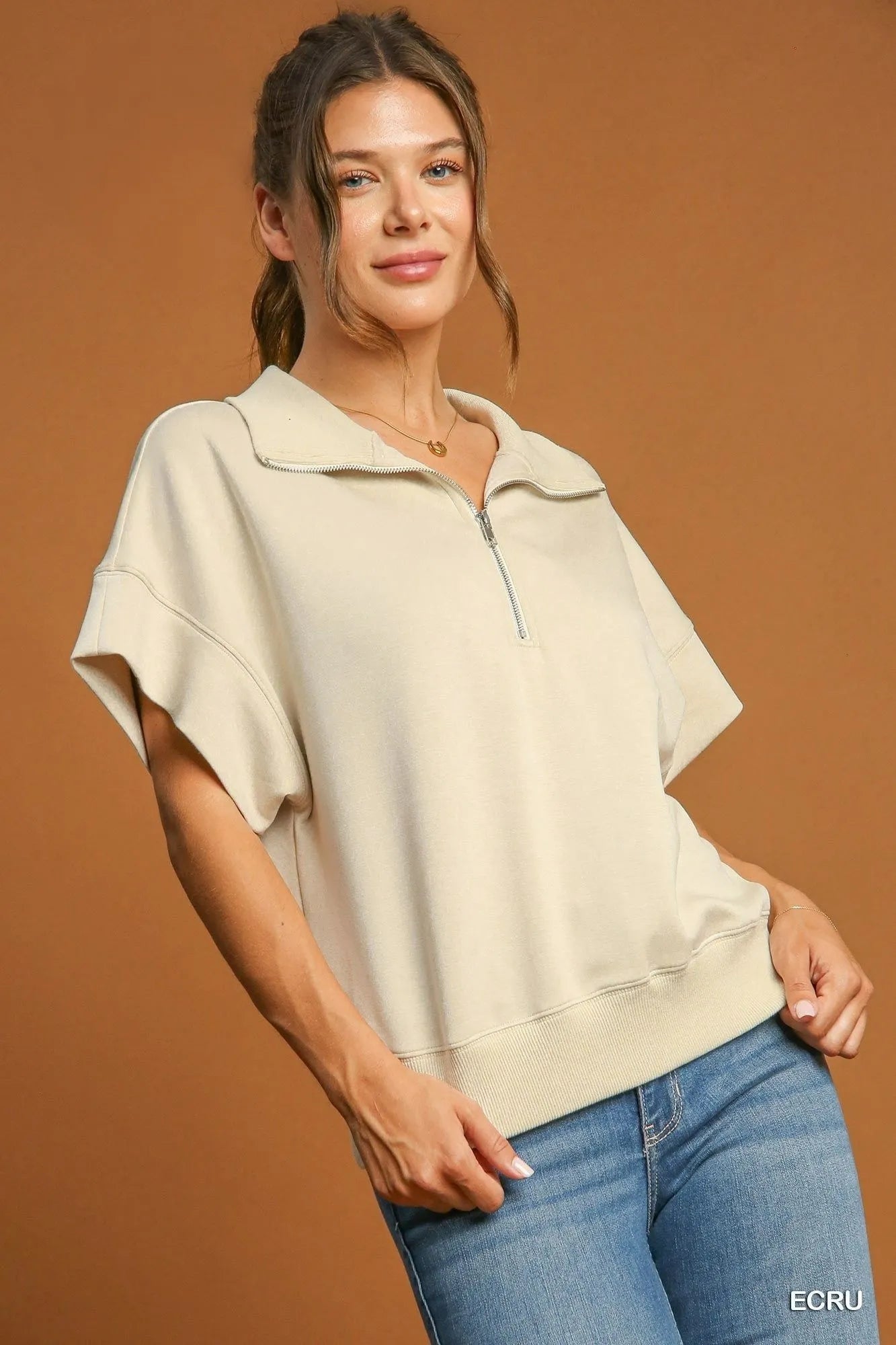 Umgee Ecru Half-Zip Short Sleeve Top ECRU