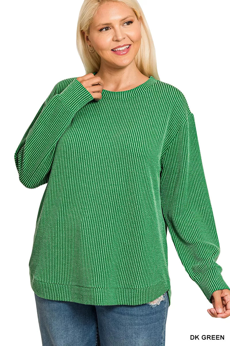 Zenana Dark Green Raised Rib Round Neck Long Sleeve Top