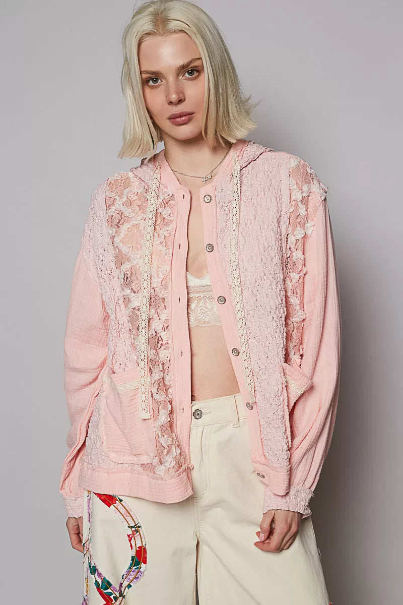 POL Powder Pink Exposed Seam Button Down Hooded Jacket with Lace Detail POWDER PINK