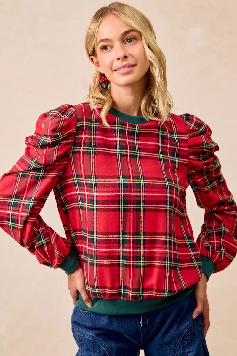 BiBi Christmas Plaid Exaggerated Shoulder Sleeves Top
