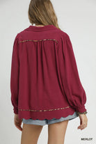 Umgee Merlot Linen Scallop Hem Blouse with Contrast Trim