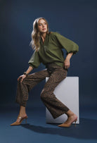 Umgee Olive Textured Notched Scallop Hem Balloon Sleeve Blouse