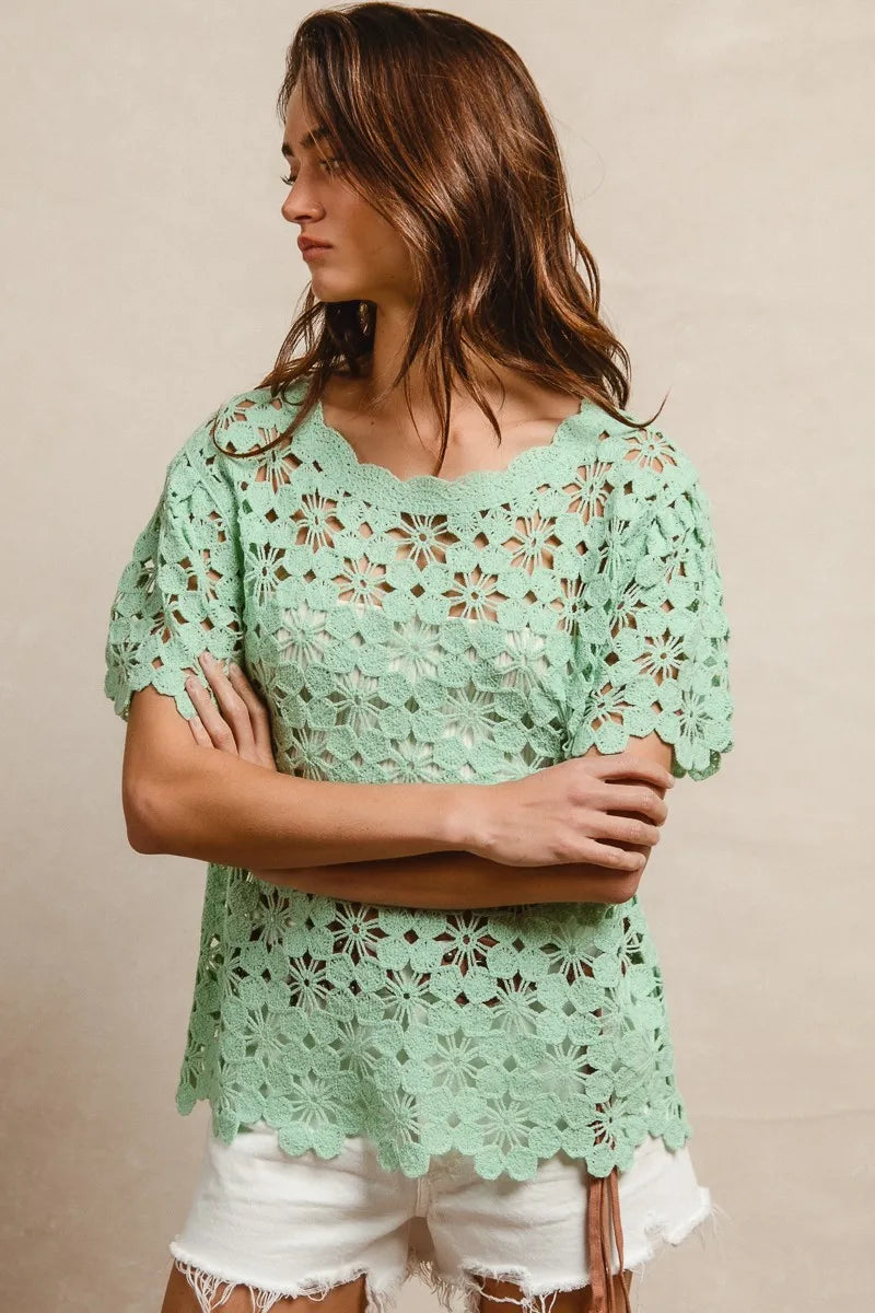 BiBi Light Green Openwork Crochet Short Sleeve Knit Top