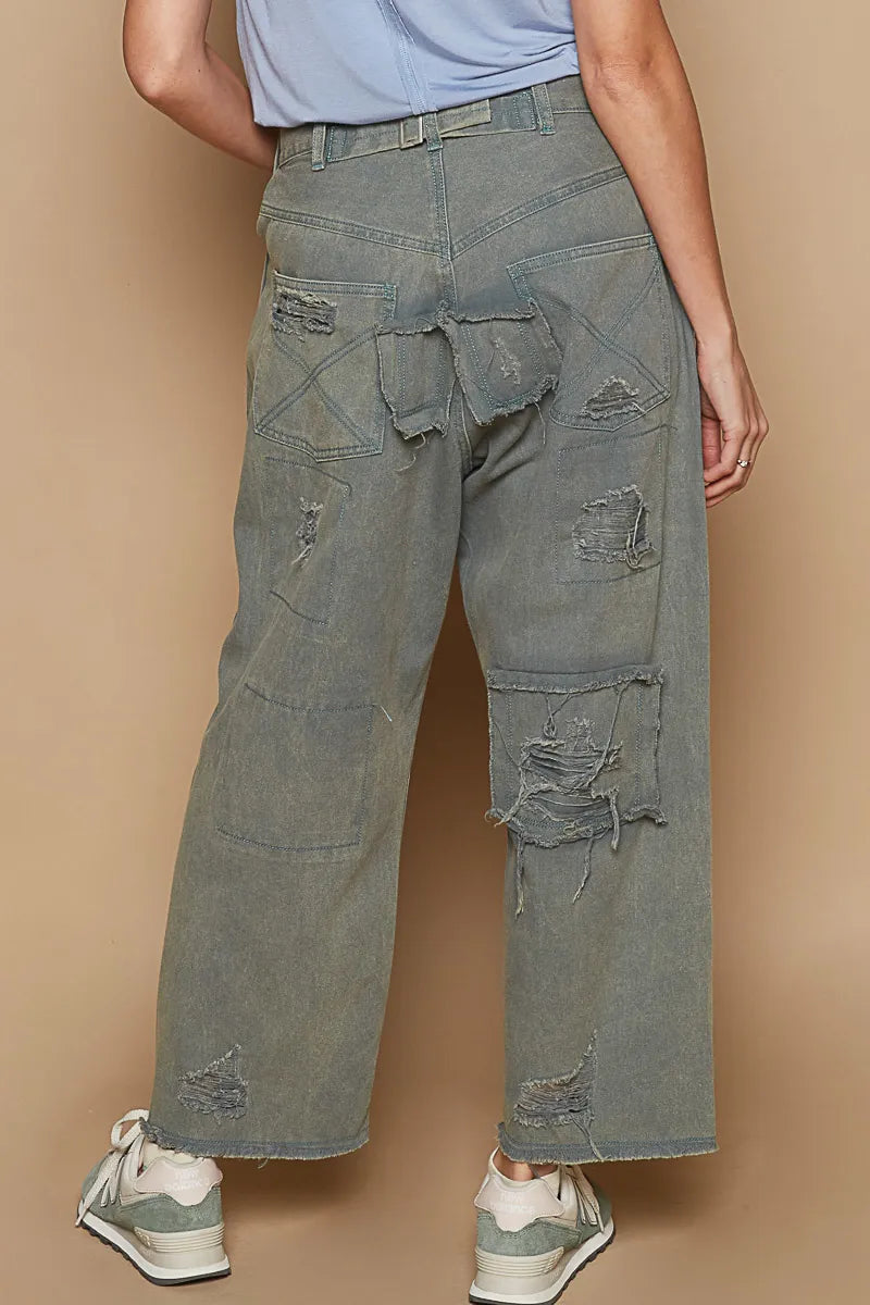 POL French Blue Distressed Raw Hem Wide Leg Pants
