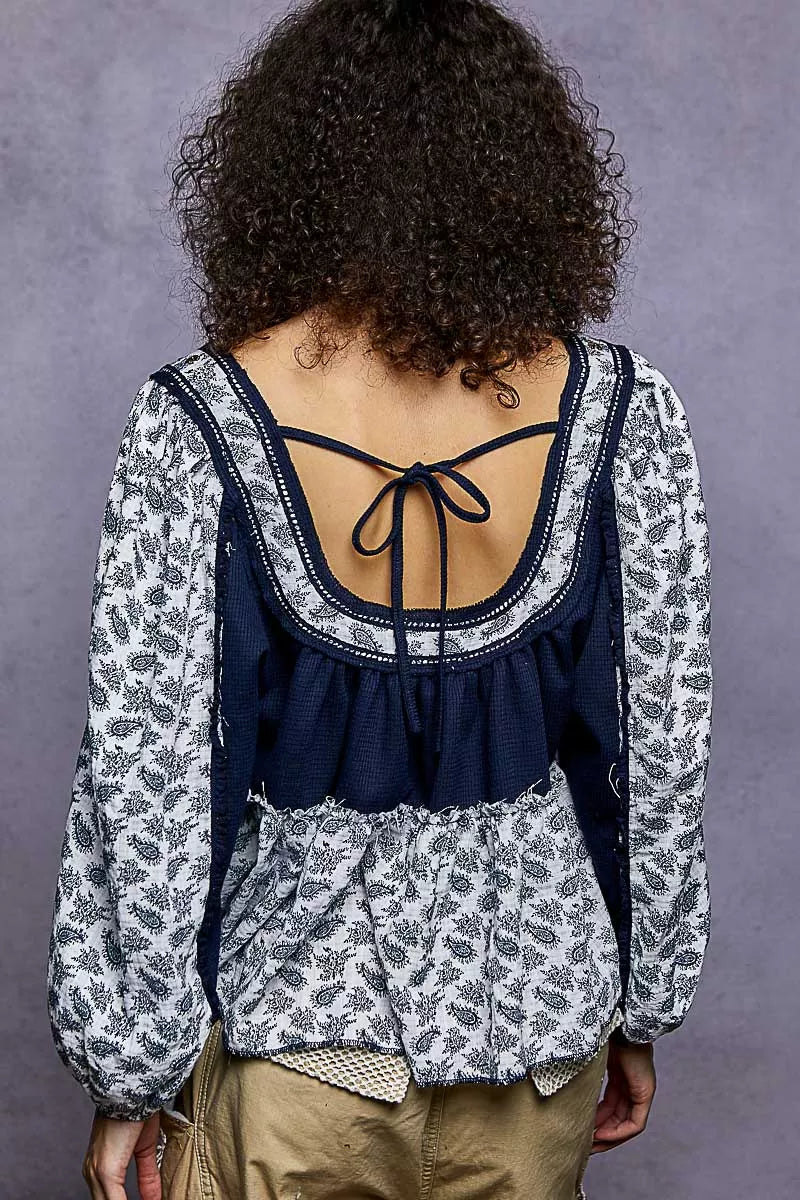POL Indigo Paisley Scoop Neck Balloon Sleeve Cropped Blouse with Stud Detail