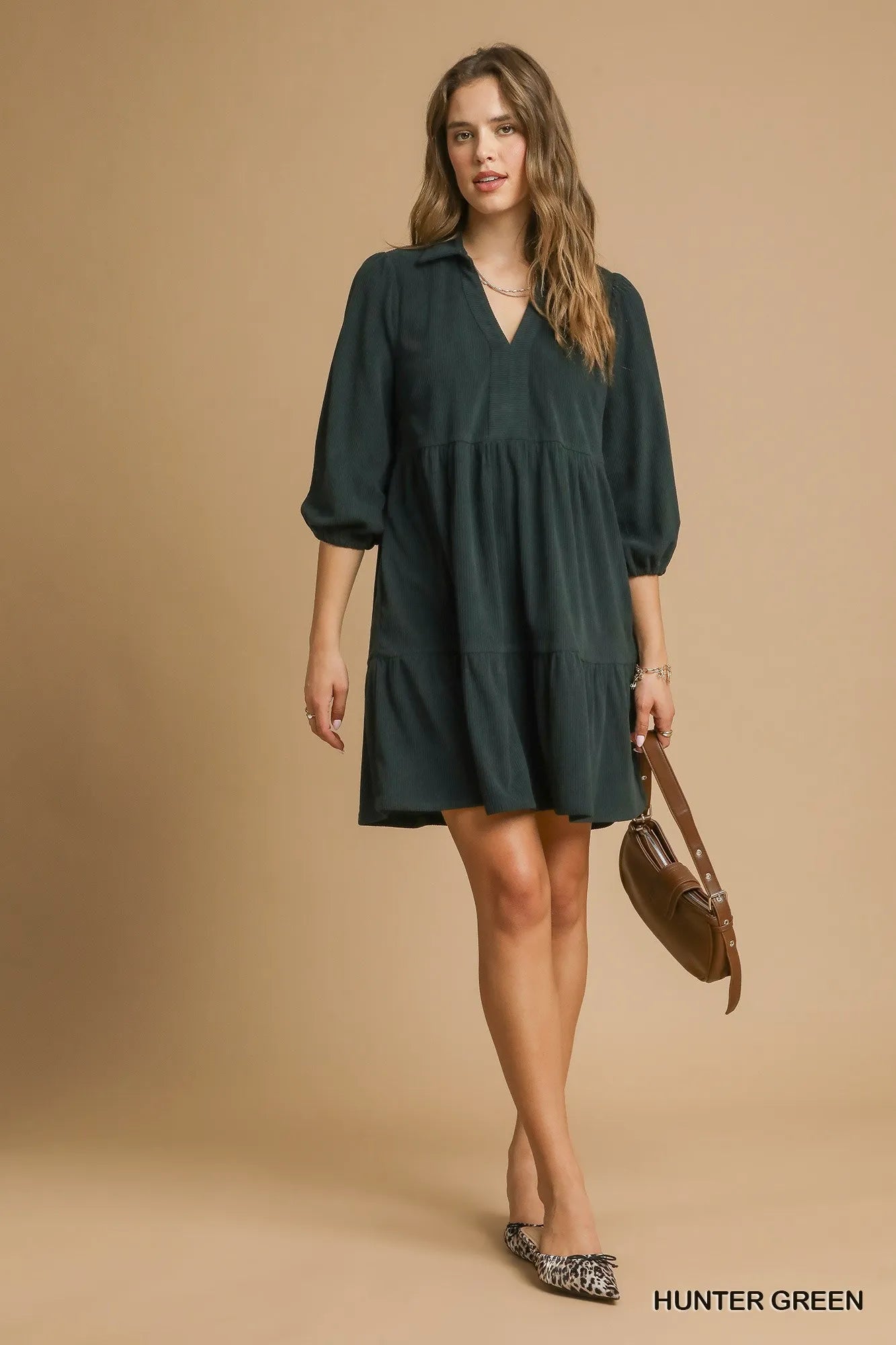 Umgee Hunter Tiered Corduroy Mini Dress with Balloon Sleeves HUNTER GREEN