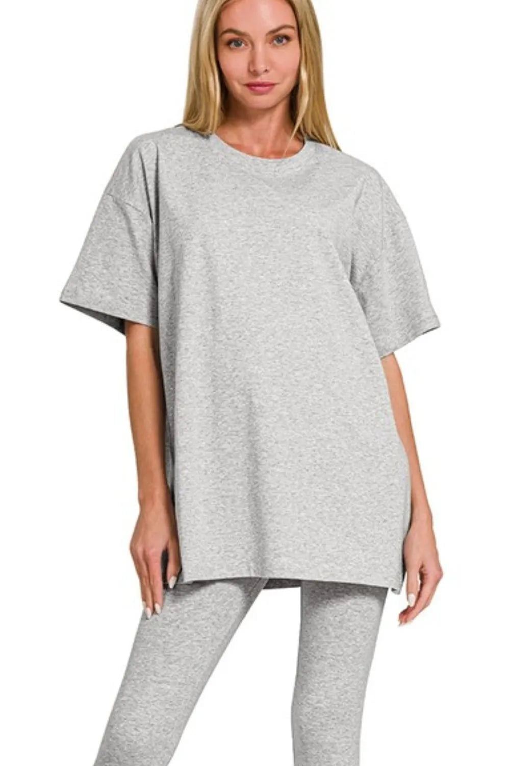 Zenana Heather Gray Cotton Round Neck Top & Legging Set