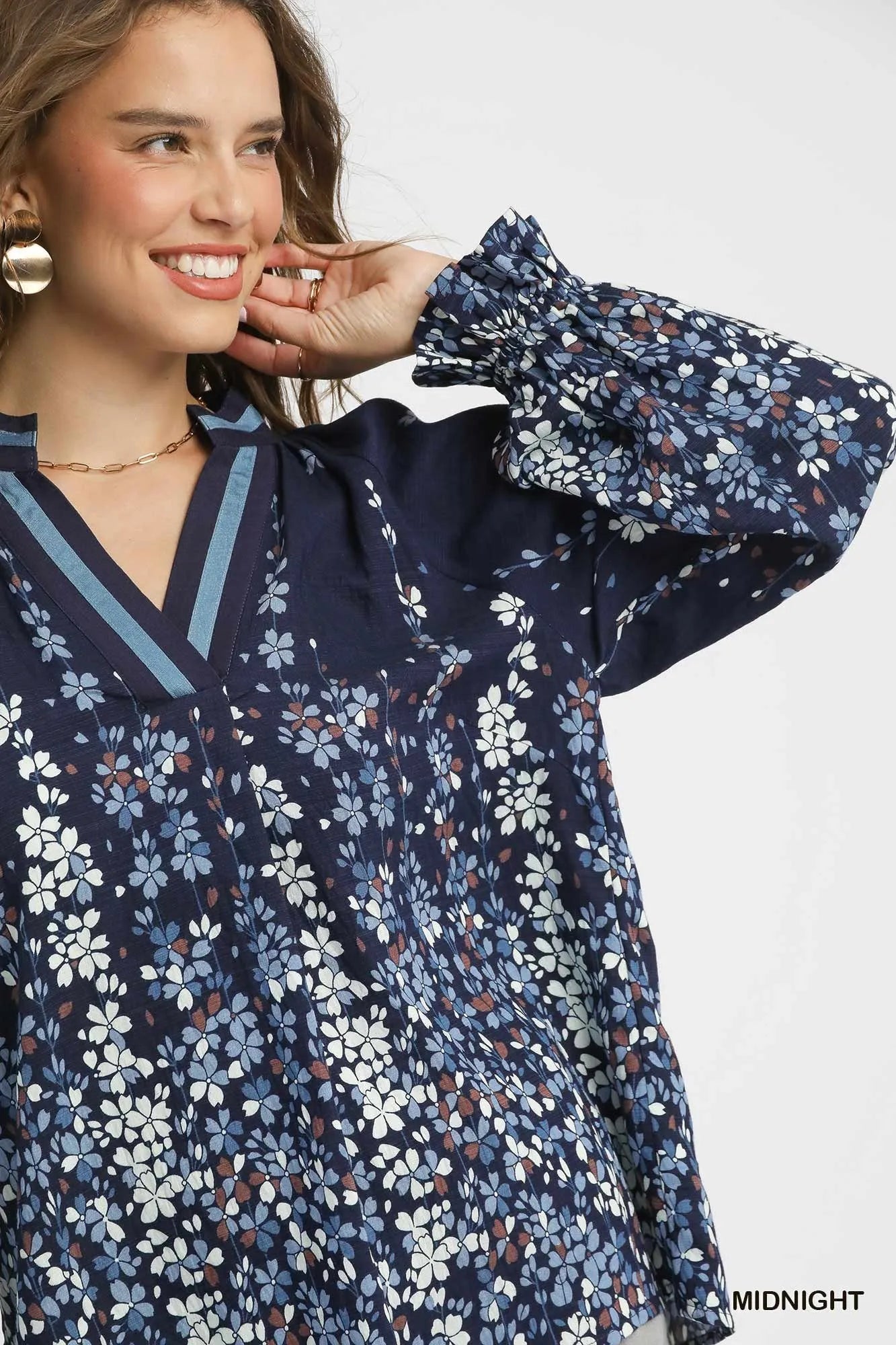 Umgee Midnight Floral Vine Print Blouse with Balloon Sleeves