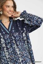 Umgee Midnight Floral Vine Print Blouse with Balloon Sleeves
